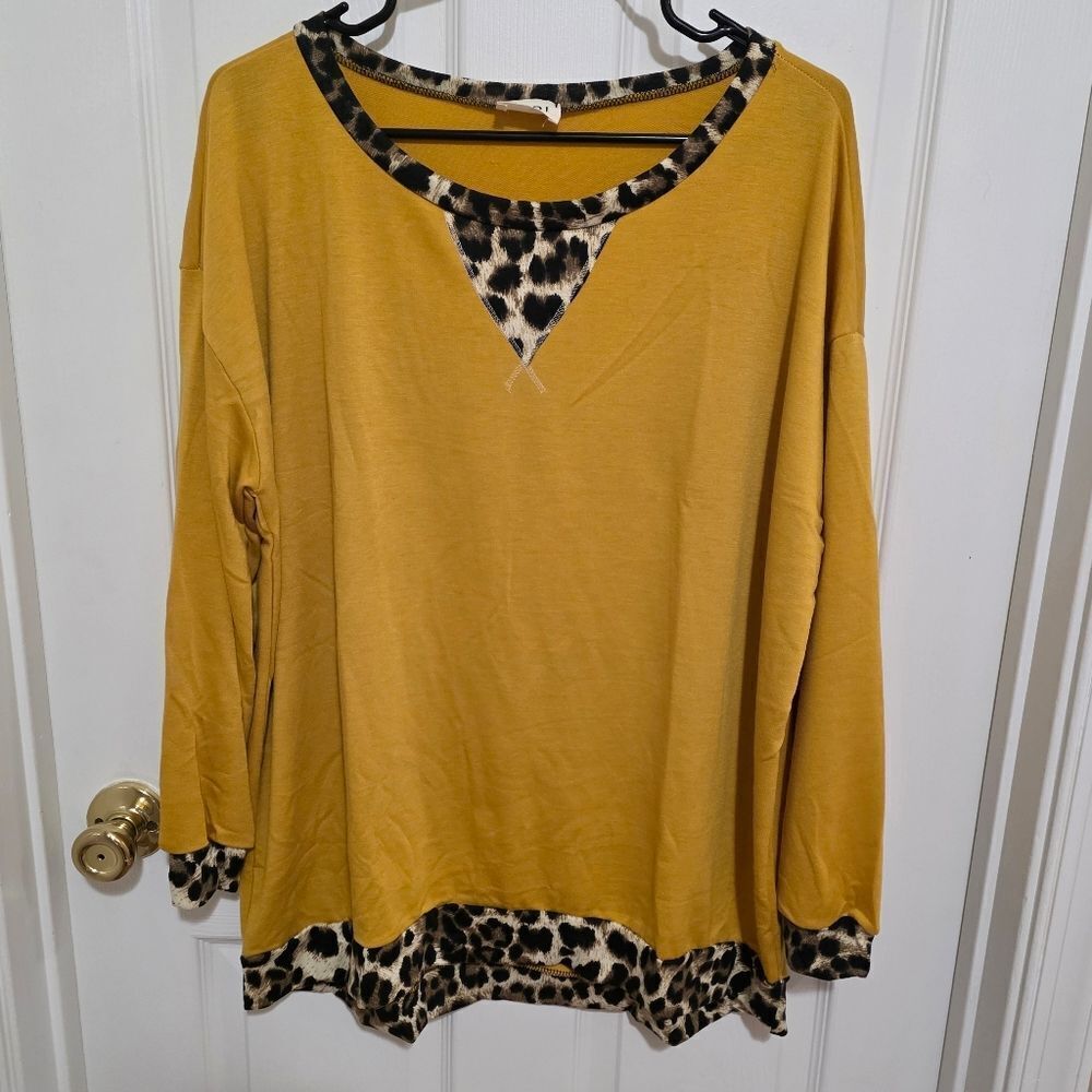 BiBi Mustard Sweatshirt with Leopard Accents NEW Size M